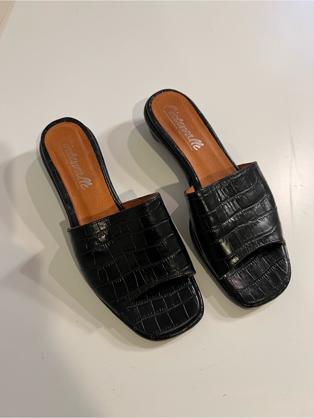 Black Croc-Embossed Slide Sandals